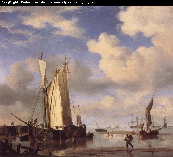 VELDE, Willem van de, the Younger Dutch Vessels Close Inshore at Low Tide,and Men Bathing